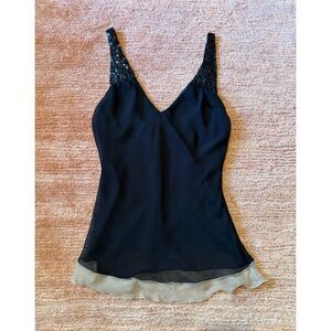 Papaya women sleeveless chiffon cami top black beige beaded straps ruffle hem